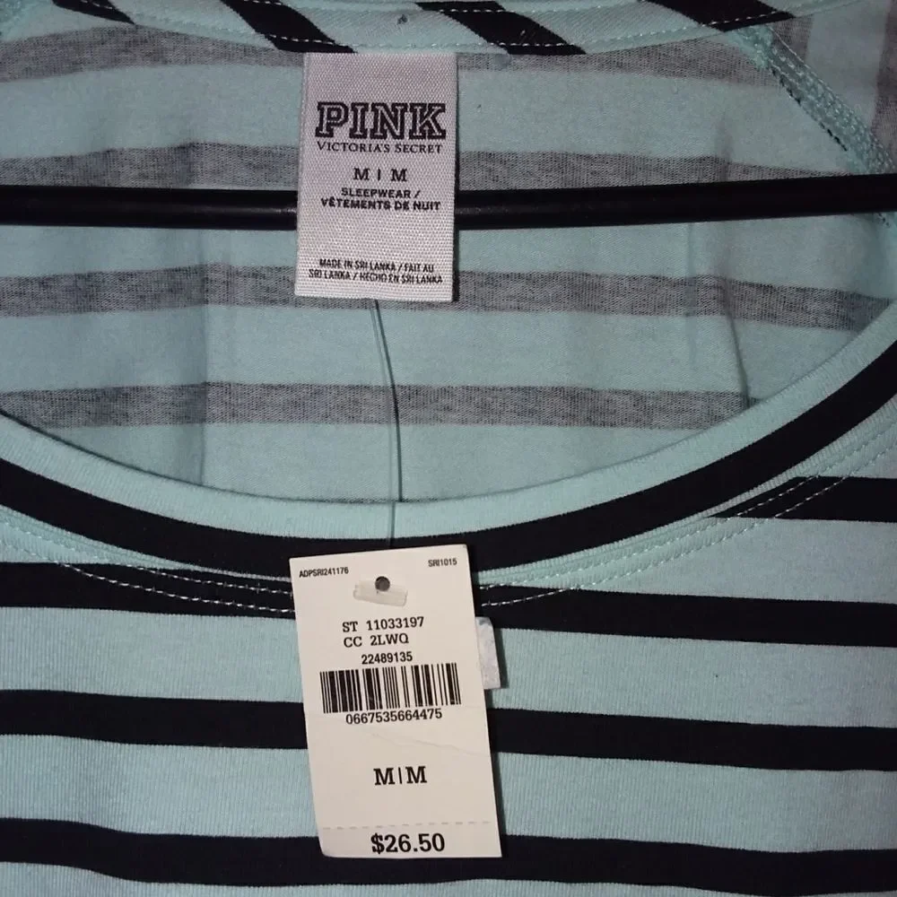 PINK Victoria's‎ Secret Women's Black Green Stripe Long Sleeve Shirt Medium NWT